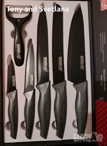 SWISSLINE SWITZERLAND комплект от пет кухненски ножа + керамична белачка , снимка 3 - Сервизи - 54066933