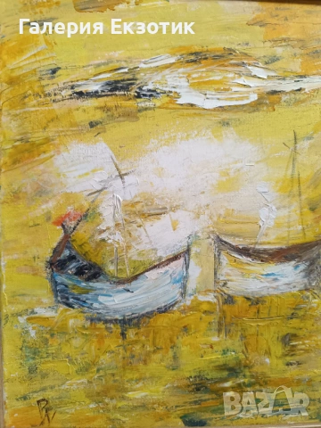 Маслена картина "Абстрактни лодки" с авторско стихче към нея, снимка 3 - Картини - 54152535
