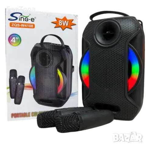 Преносима Bluetooth караоке колона ZQS-W4110 с 2 безжични микрофона, RGB светлини, FM радио, USB, TF, снимка 2 - Тонколони - 55522319