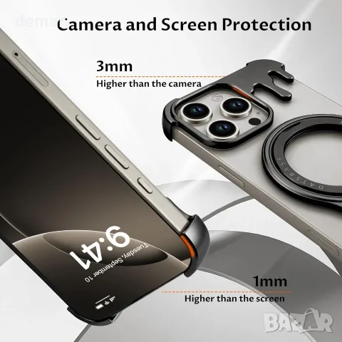 Алуминиев безрамков кейс за iPhone 16 Pro Max с 360° magsafe (360°) и поставка, снимка 6 - Калъфи, кейсове - 55662950
