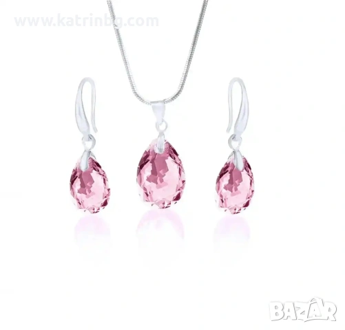 Комплект бижута с розови кристали Light Rose Shimmer – колие и обеци капка, снимка 2 - Бижутерийни комплекти - 54718929