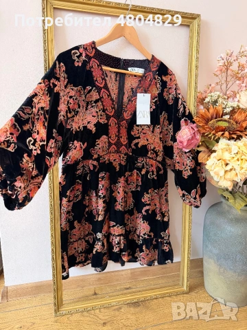 Нова кадифена рокля Zara с етикет • Бохо стил, снимка 2 - Рокли - 54826936