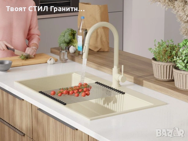 Бежова кухненска гранитна мивка Осло 90 XXL Top 880 x 500 мм, снимка 8 - Мивки - 54700680
