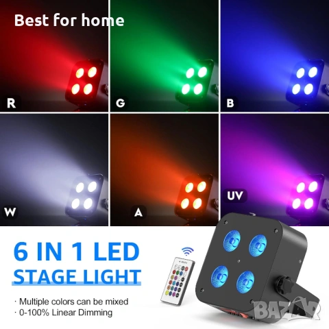 Мини акумулаторни сценични светлини, 4 * 18W RGBWA UV 6 в 1, захранвани от батерии, снимка 3 - Прожектори - 54506751