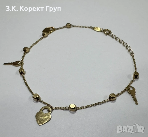 Златна гривна 14K 585 с ключ и сърце – 1,57 г – 19,5 см, снимка 3 - Гривни - 54513469