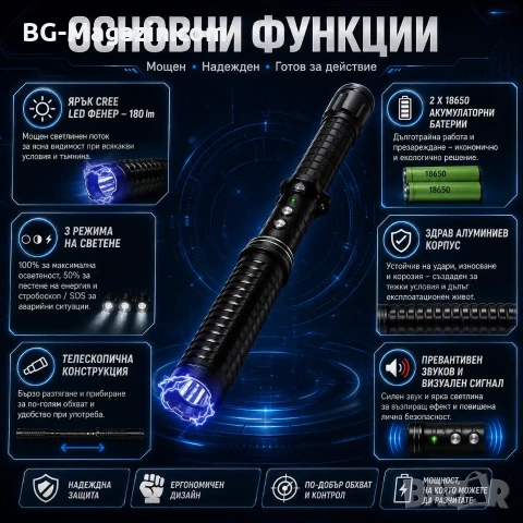 Мощен електрошок с LED фенер телескопична палка за самозащита кучегон самоотбрана защита от кучета, снимка 2 - Оборудване и аксесоари за оръжия - 51014827