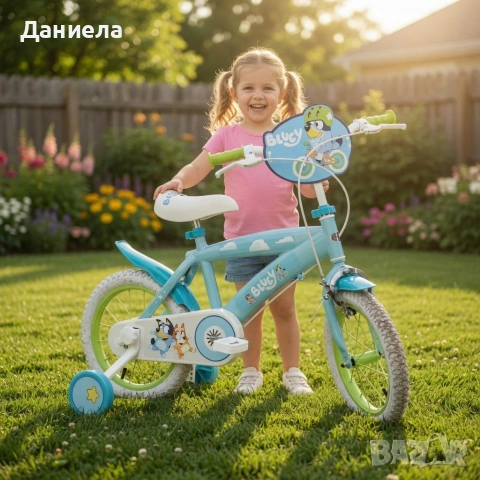 Детски велосипед Bluey 16" със спомагателни колела – светлосин, за деца 5–7 години, снимка 3 - Велосипеди - 54750433