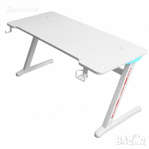 Геймърско бюро 140 см с RGB LED осветление, поставка за чаша и държач за слушалки – Бяло, снимка 4 - Други стоки за дома - 54695220