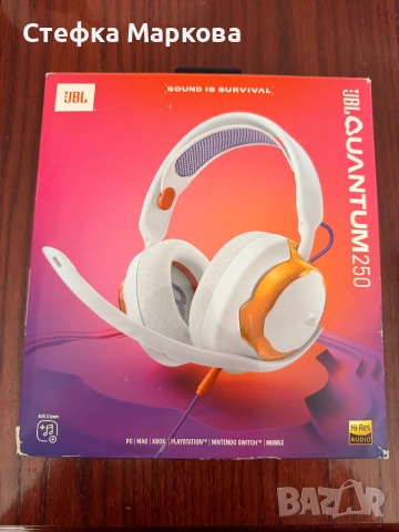 Слушалки за гейминг JBL Quantum 250, с кабел, пространствен звук, over-ear, бяло-оранжеви