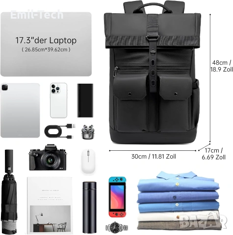 Rolltop раница BJIAX 32L за лаптоп до 17,3″ – водоустойчива, снимка 2 - Раници - 55284836