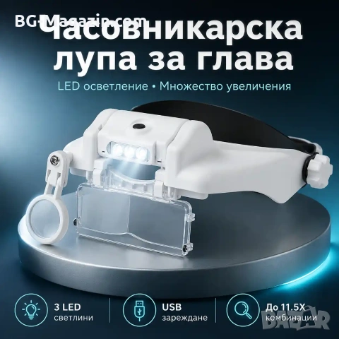 Увеличителна часовникарска лупа за глава око очила с LED осветление светлина лампа бижутери мощна, снимка 8 - Други инструменти - 50919425