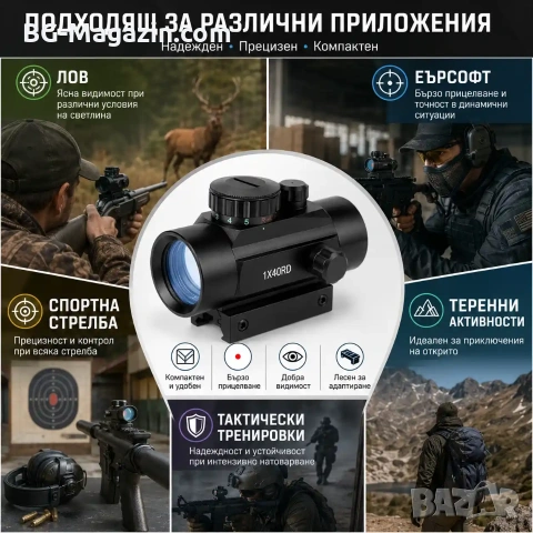 Тактически прицел 1×40 бързомер мерник за лов еърсофт въздушна пушка оптика за оръжие лък малък, снимка 5 - Оборудване и аксесоари за оръжия - 51051606