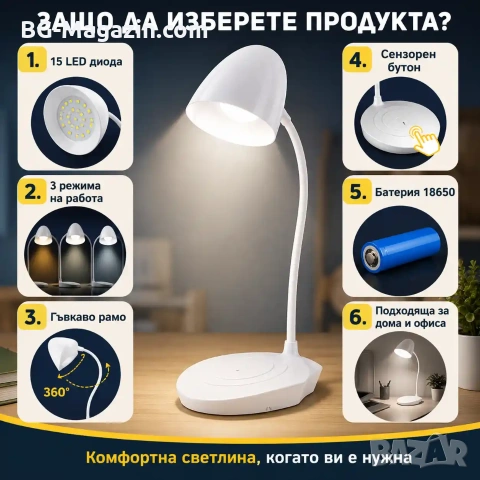Акумулаторна LED настола лампа с лед осветление за бюро маникюр четене с чупещо рамо детска стая, снимка 5 - Лед осветление - 51049272