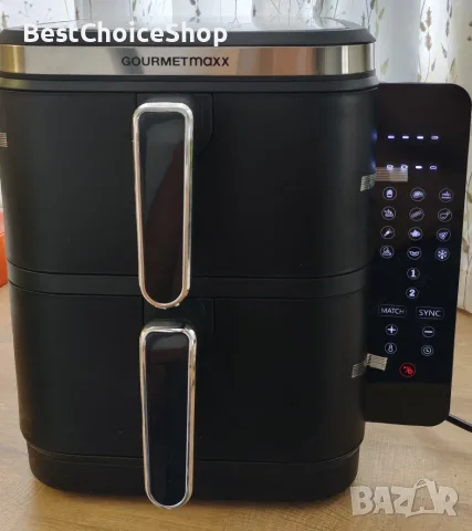 Фритюрник с горещ въздух Gourmetmaxx Fryup, капацитет 10л, Двукамерен вертикален, сгъваем тъч екран, снимка 2 - Фритюрници - 55408637