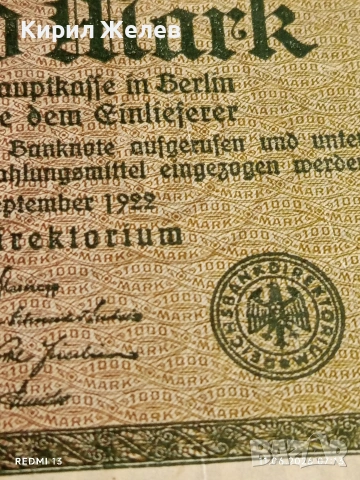 Две райхбанкноти 1 000 марки 1910г. / 1 000 марки 1922г. Германия редки за КОЛЕКЦИЯ 14595, снимка 10 - Нумизматика и бонистика - 54861194
