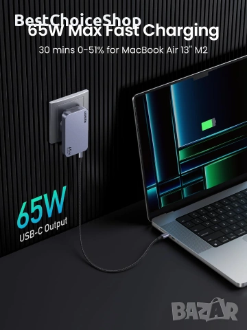 UGREEN Nexode Pro 65W GaN USB C. Тънко зарядно за стена, 3-портово компактно бързо зарядно, снимка 11 - Друга електроника - 55093337
