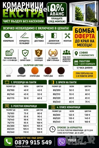 Комарници до мак. размер до 80х170-прозорци 80х240-врати 200х200-Двойно плисе+размер,монт
