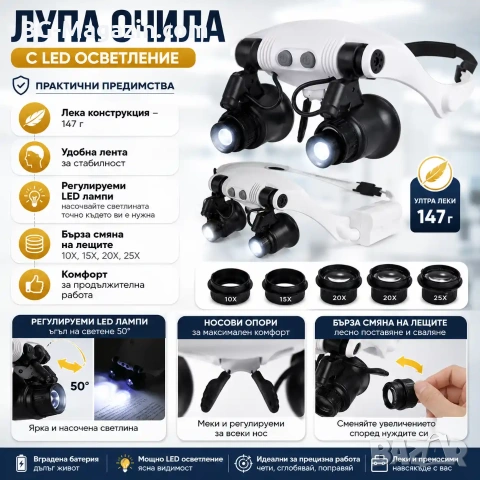 Професионална часовникарска увеличителна лупа за глава LED осветление лампа за бижутери часовникари, снимка 8 - Други инструменти - 50921208