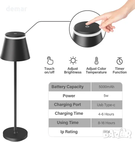 LED настолна лампа на батерия, USB-C зареждане и дистанционно, снимка 3 - Настолни лампи - 55537414