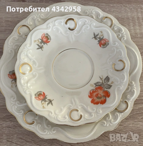 Антикварно трио Sorau Carstens Porzellan Astoria “Blume Orange” (Германия, 1925–1939г.), снимка 4 - Антикварни и старинни предмети - 55244119