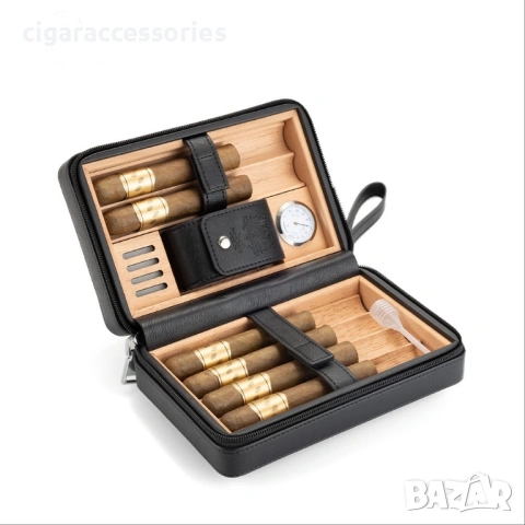Преносим хумидор за 6 пури – естествена кожа, кедър, хигрометър