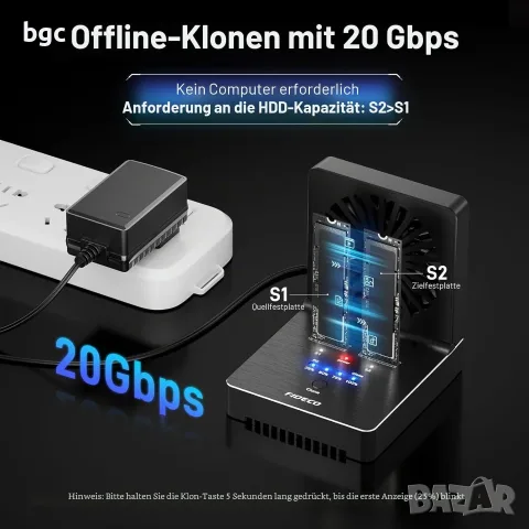 Докинг Станция NVMe M.2 SATA SSD Cloner, USB 3.2 Gen 2, 20 Gbps, сгъваем охлаждащ вентилатор,, снимка 4 - Друга електроника - 55539047