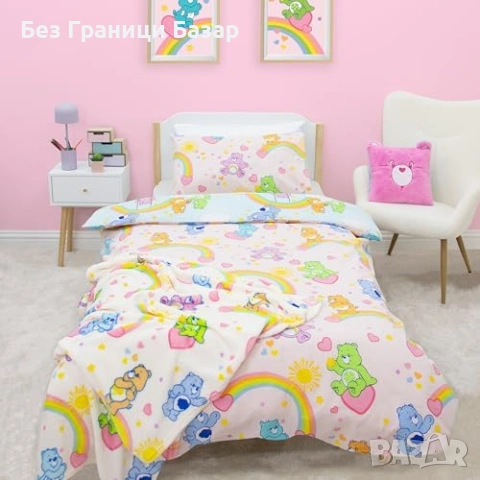 Ново Care Bears Официално Поларено Одеяло 100x150 за легло детска стая с грижовните мечета, снимка 4 - Спално бельо и завивки - 54638322