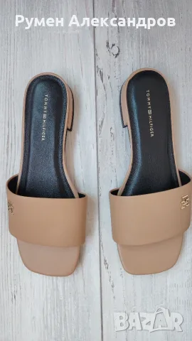 Нови бежови дамски кожени чехли TOMMY HILFIGER FLAT SANDAL EUR38, снимка 7 - Чехли - 55647304