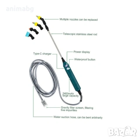 ANIMABG Електрическа градинска пръскачка, С 3 дюзи за мъгла, 2400mAh , 2 метра, снимка 7 - Градинска техника - 54547645