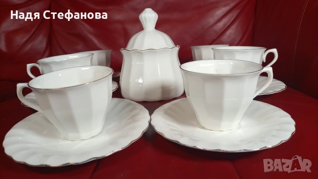 Български костен порцелан, 6 чашки, 6 чинийки и захарничка с капаче, снимка 7 - Чаши - 55222303
