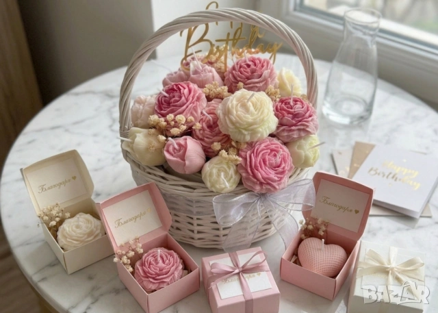 🌷 Ръчно изработени кошници със сапунени цветя и свещи по поръчка., снимка 7 - Декорация за дома - 54886585