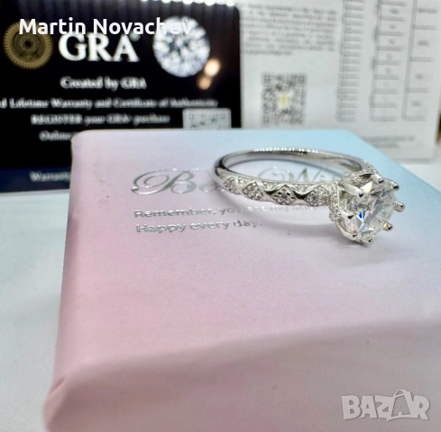 Сребърен пръстен с мойсанит (Диамант) 1 карат, снимка 9 - Пръстени - 54062575