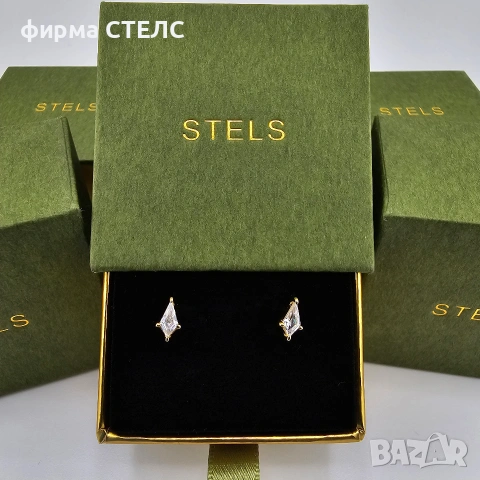 Позлатени обеци с цирконий STELS / Сребърни обеци / Подарък за жена, снимка 4 - Обеци - 54958083