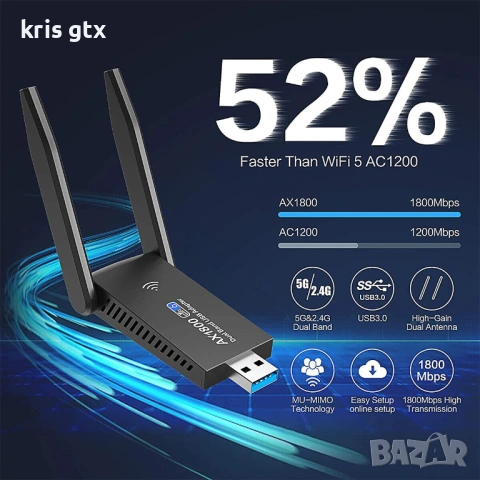 Адаптер WiFi 6 AX1800 USB 3 WiFi Adapter Dual Band 2.4/5GHz  MU‑MIMO WPA3, снимка 13 - Кабели и адаптери - 54714949