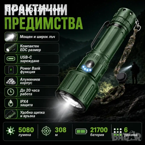 Мощен прожектор YEMAO 5080 лумена – Тактически акумулаторен фенер с Power Bank, снимка 3 - Къмпинг осветление - 55123717