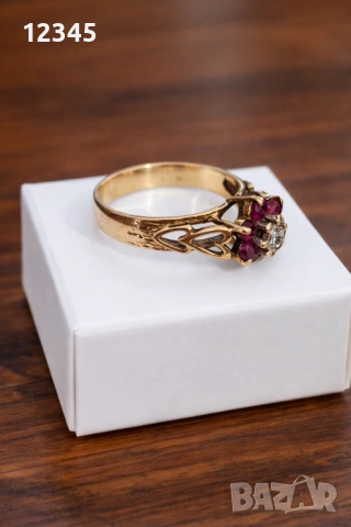 Старинен златен пръстен с диамант и рубини, снимка 7 - Пръстени - 54075674