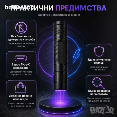 Акумулаторен UV фенер 395nm Type-C ув фенерче за петна от урина домашни любимци и хигиена, снимка 7 - Къмпинг осветление - 55154576