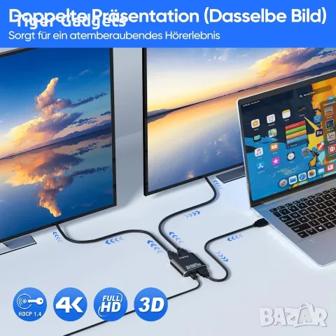 Fokky HS306-BK HDMI сплитер 1 към 2, 4K HDMI Splitter за два монитора/телевизора, снимка 4 - Кабели и адаптери - 55544581