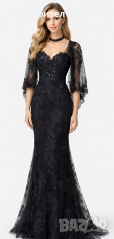 Официална черна рокля,тип"русалка",изработена от деликатна дантела с бродерии и пайети