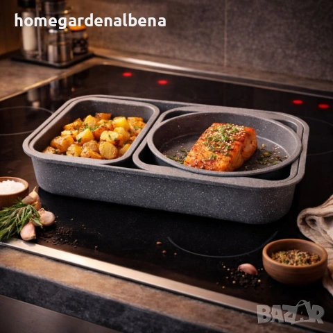 Комплект тави за печене Cheffinger 4 части мраморно незалепващо покритие, снимка 4 - Съдове за готвене - 54165681