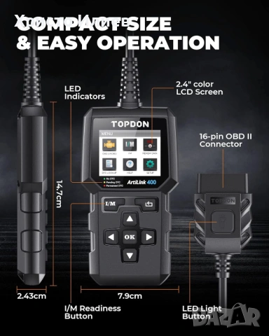 Автодиагностика Topdon ArtiLink 400 OBD обд OBD2 диагностичен инструмент диагностика, снимка 7 - Аксесоари и консумативи - 54276205