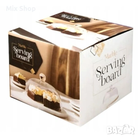 Нов Кухненски поднос, бял мрамор, със стъклена камбанка, 19x11 см