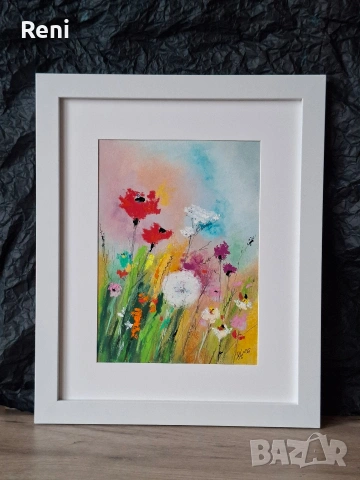 Лятно поле, пастелна картина, оригинал, снимка 3 - Картини - 54088387