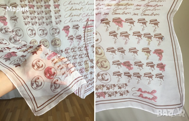 Chanel Копринен Дамски Шал Голям Прозрачен Ефирен Шанел Бял Лого Цветя , снимка 4 - Шалове - 54981589
