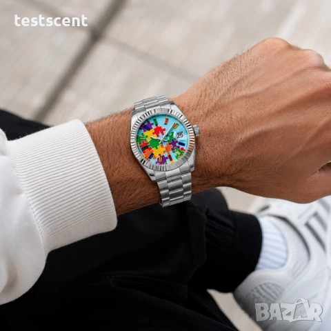 Автоматичен часовник 39mm Automatic Watch Jigsaw Puzzle Dial Sky Blue пъзел небесено син, снимка 4 - Мъжки - 54782230