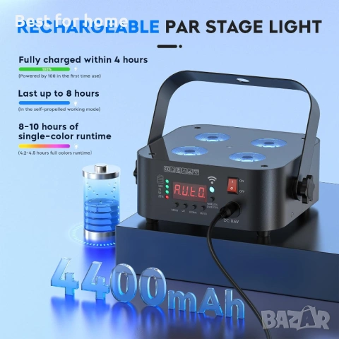 Мини акумулаторни сценични светлини, 4 * 18W RGBWA UV 6 в 1, захранвани от батерии, снимка 4 - Прожектори - 54506751