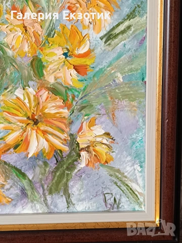 Маслена картина "Слънчогледи" с авторско стихче към нея, снимка 5 - Картини - 54152515