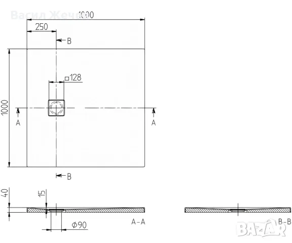 Villeroy & Boch NEWO Квадратно душ корито 1000 x 40 x 1000 мм, бяло, снимка 2 - Душове - 55426755