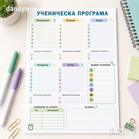 6764 Ученическа програма с разписание, бележки и важни телефони, А4 формат, снимка 2 - Ученически пособия, канцеларски материали - 54802740