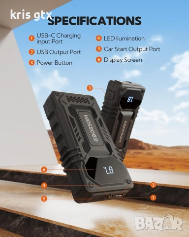 Джъмп Стартерна автомобилна батерия, 10000mAh 12V с кабели за подаване на ток, снимка 8 - Аксесоари и консумативи - 55093030